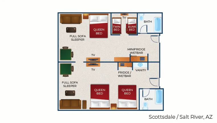 The floorplan for the Deluxe KidCabin Suite (patio)