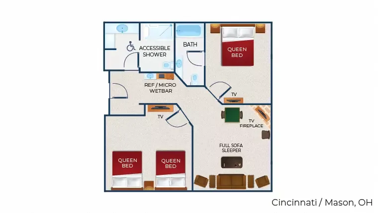 The floor plan for the Grizzly Bear Suite (Accessible shower)