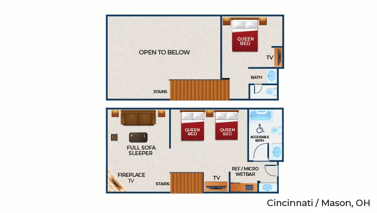 The floor plan for the Loft Fireplace Suite (Balcony/Patio)
