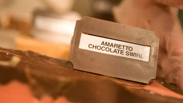 A sign for amaretto chocolate swirl