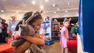 Stuffed animal characters made at a Build-A-Bear Workshop at Great Wolf Lodge indoor water park and resort.