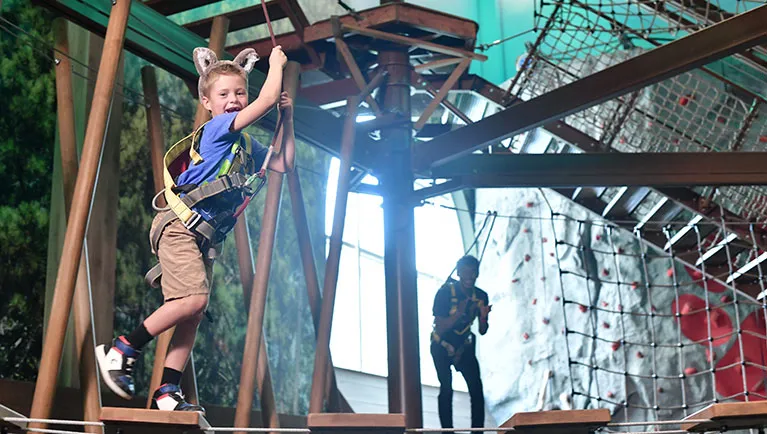 A boy smiles as he attemptes the Howlers Peak Ropes Course at Great Wolf Lodge indoor water park and resort.