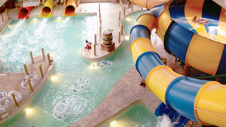 An aerial view of the Coyote Cannon ride at Great Wolf Lodge indoor water park and resort.