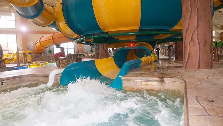 The end of the Coyote Cannon ride at Great Wolf Lodge indoor water park and resort.