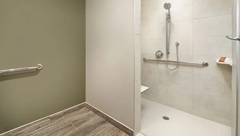 The accessible shower in the Wolf Den Suite