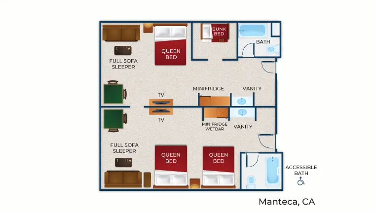 The floorplan for the acceessible Deluxe Wolf Den Suite